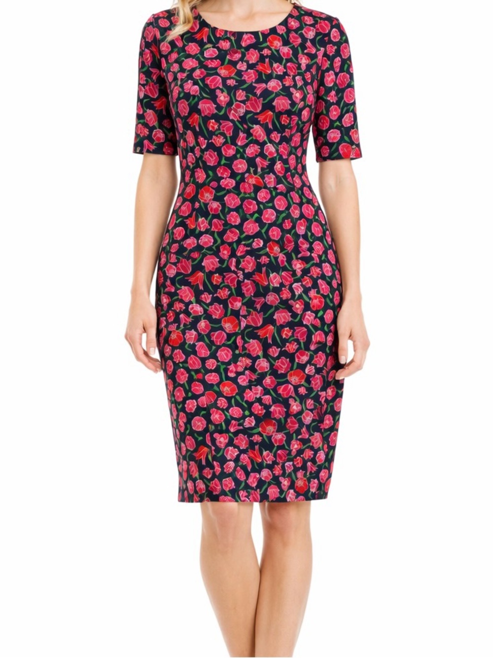 Lands’End deep sea navy red/pink Spring tulip floral print sheath dress size 4